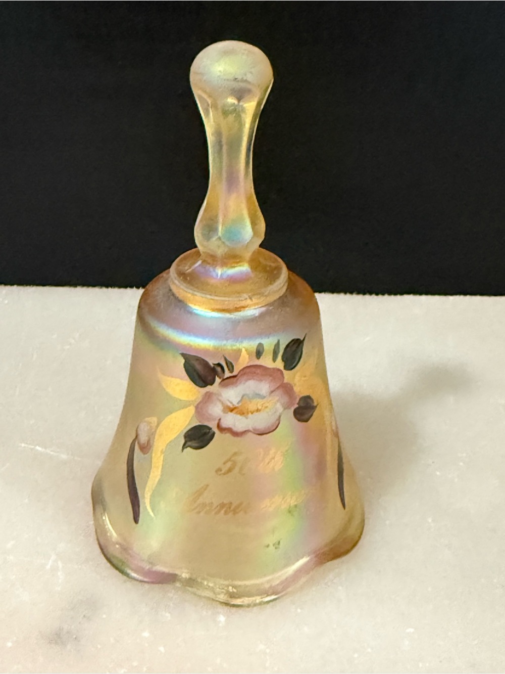 FENTON Glass Hand Painted 50TH ANNIVERSARY IRIDESCENT YELLOW Bell Signed 4”T 2”W